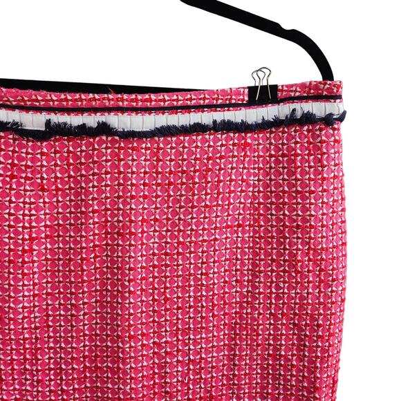 Womens Tory Burch Pink White Tweed Skirt Size 12 Navy Blue Fringe Zip Back - Picture 2 of 13